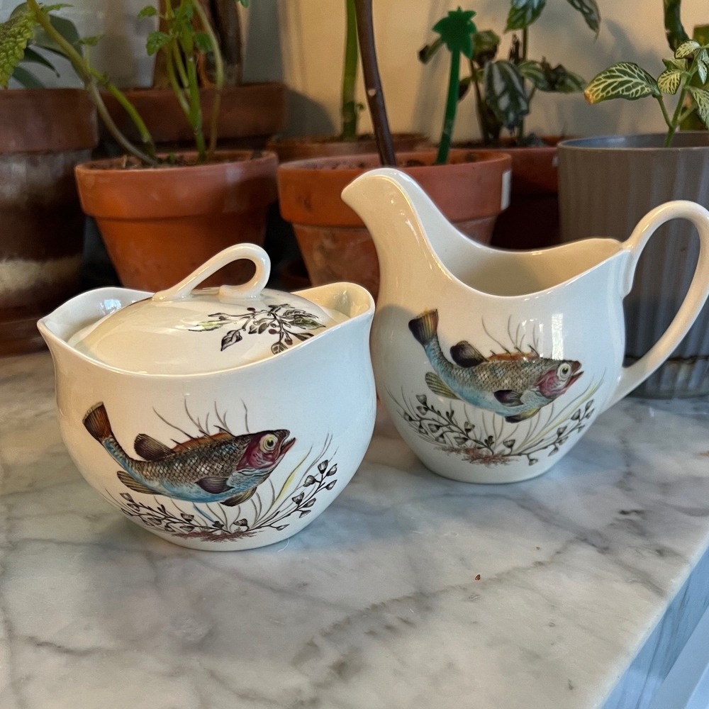 Johnson Brothers Fish Creamer & Lidded Sugar Bowl Set Made in England Vintage